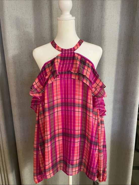 INC International Concepts Tops - INC International Concepts Pink and Fuchsia Plaid Halter Top with Ruffle